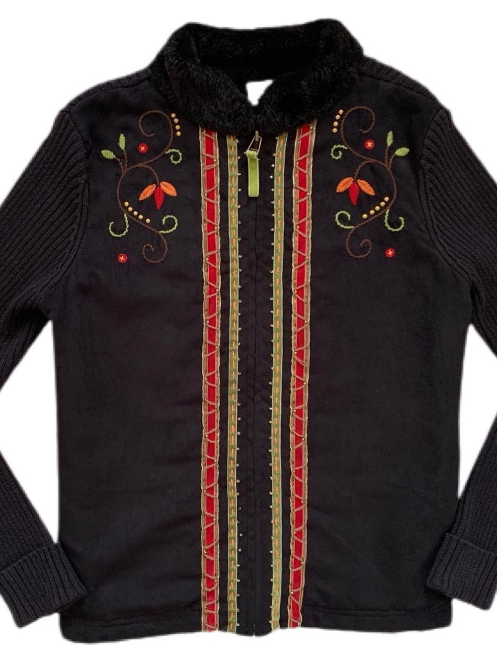 breckenridge Faux Fur Collar Zip-Front Sweater with Red and Green Embroidery